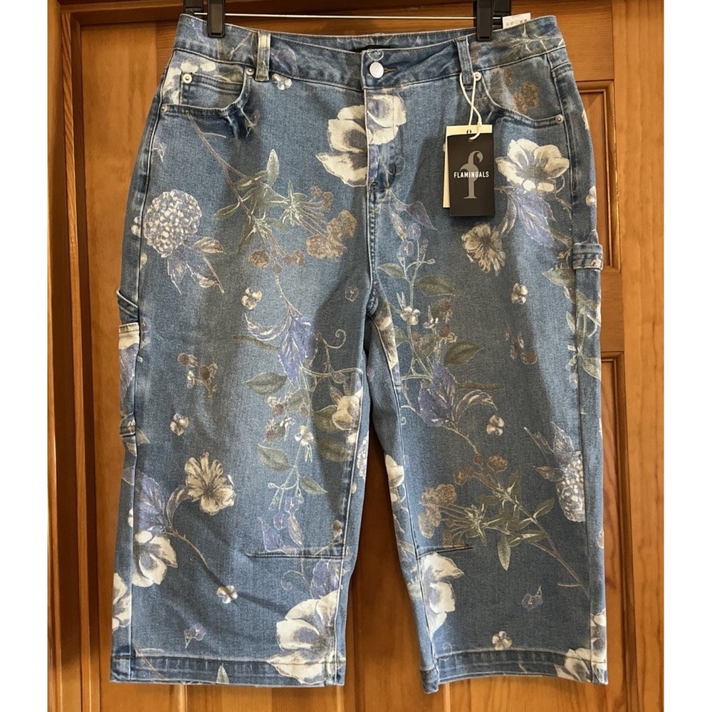 Flamingals Women's Floral Denim Bermuda Shorts Sz XL